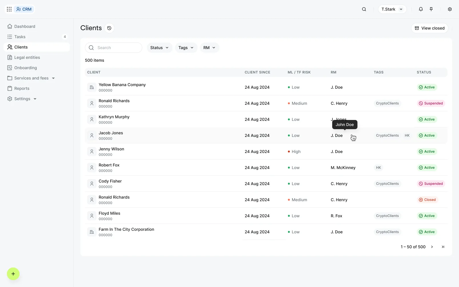 CRM clients screen after the redesign