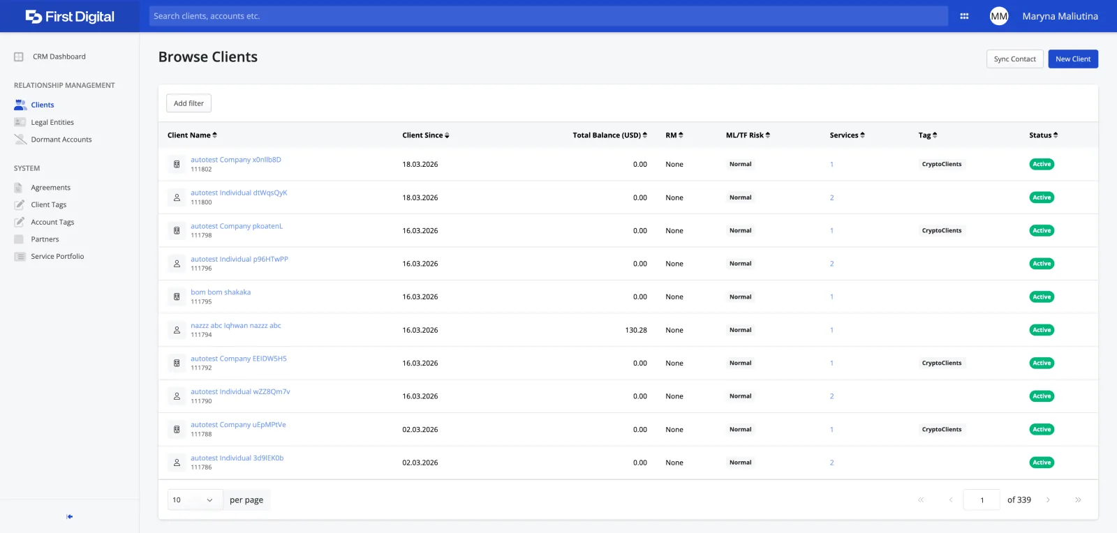 CRM clients screen before the redesign