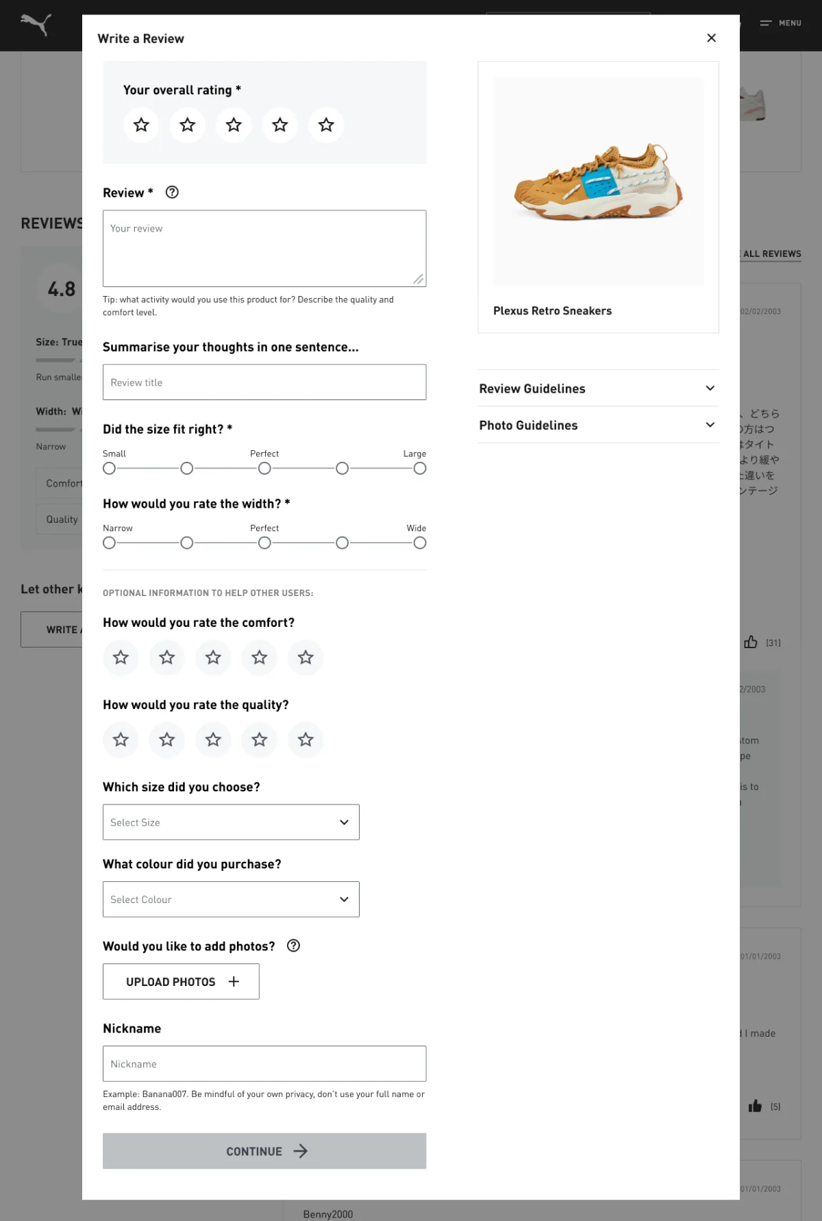 Puma Ratings and Reviews screen