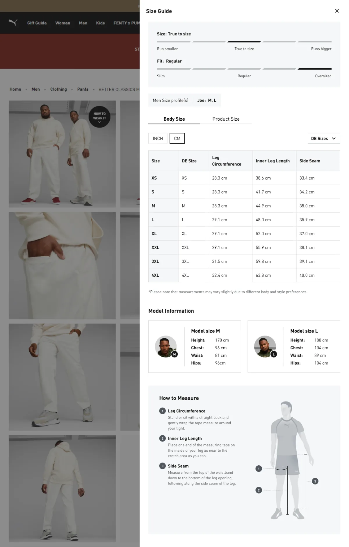 Puma Size Guide screen
